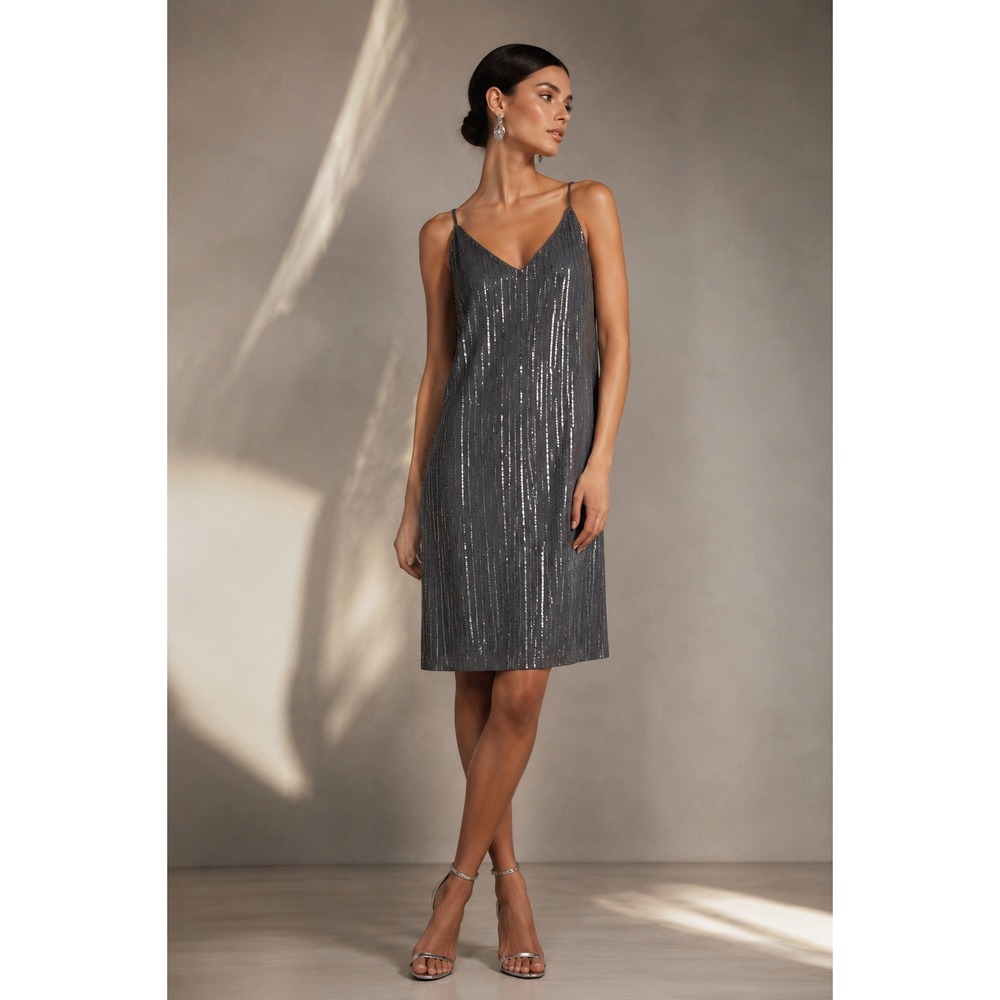 Equipment Tansie Grey Silk Metallic Knee Length Cocktail Dress (MSRP: $425) L
